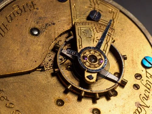 Antique brass watch mechanism showing train of gears and hand-cut teeth