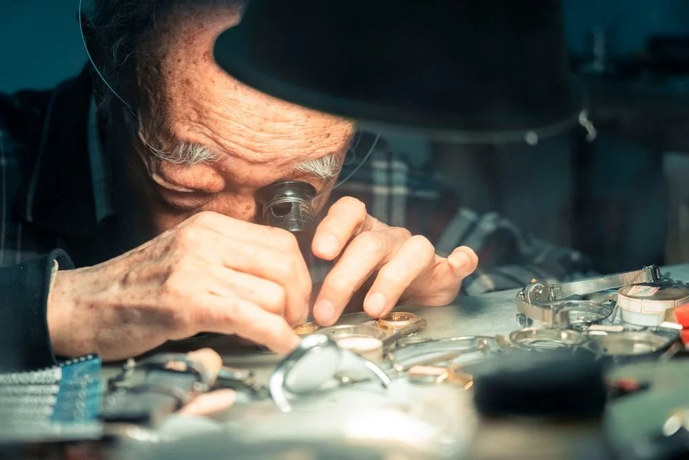 Senior watchmaker closely inspecting a mechanical movement with an optical loupe under focused bench lamp