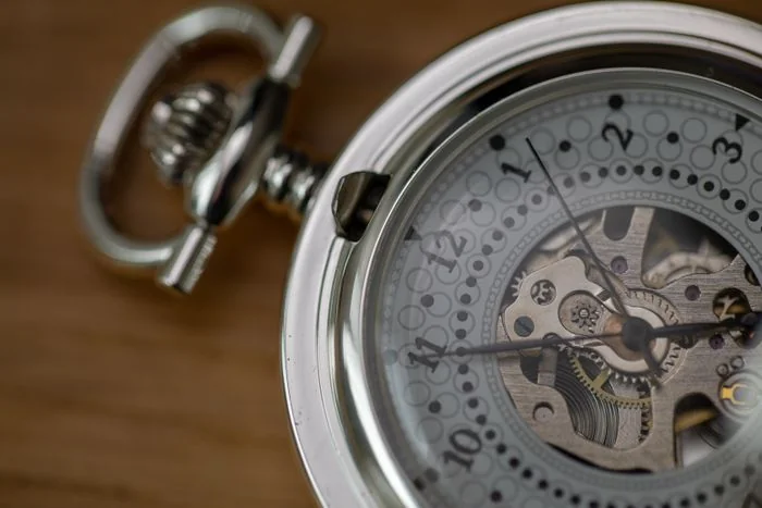 Silver skeleton watch movement showing openworked bridges and gear interaction